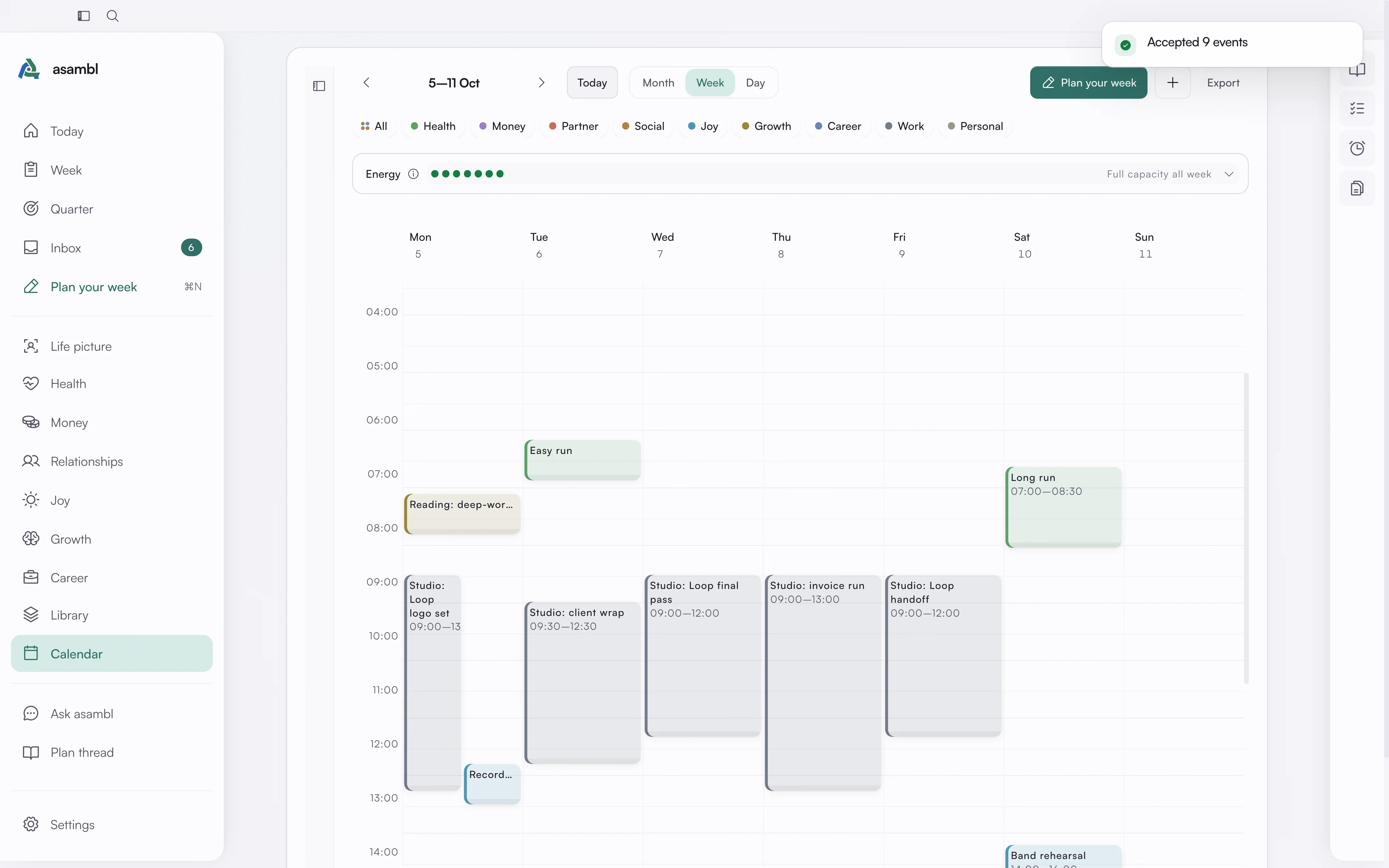 A confirmed, colour-coded week