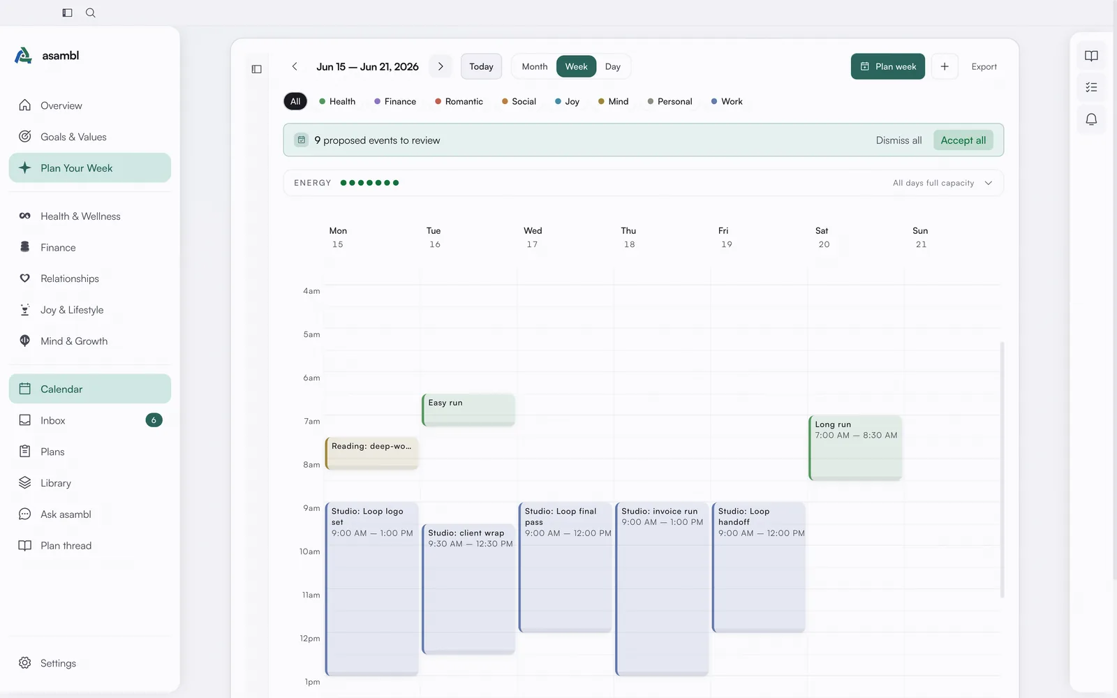 Proposed plan events on the calendar