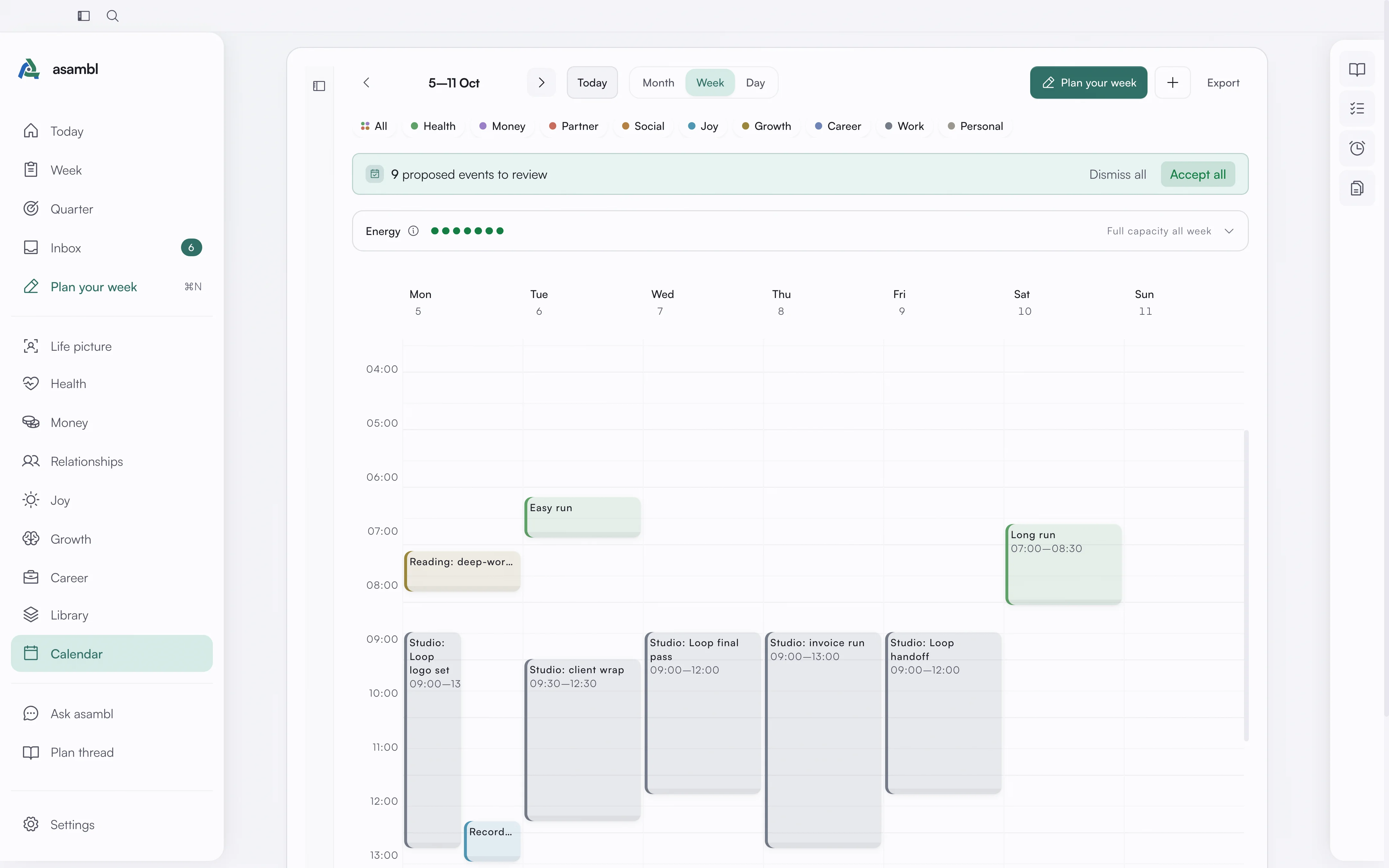 Proposed plan events on the calendar