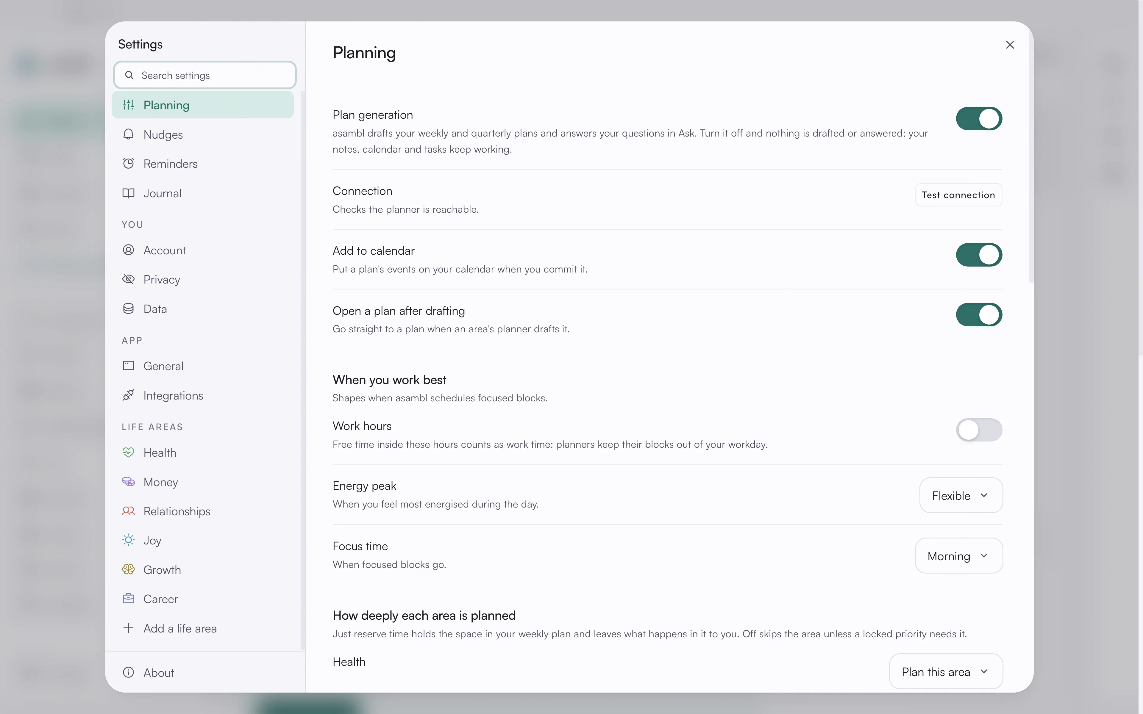 The Settings window, with the section rail on the left and your life areas below it