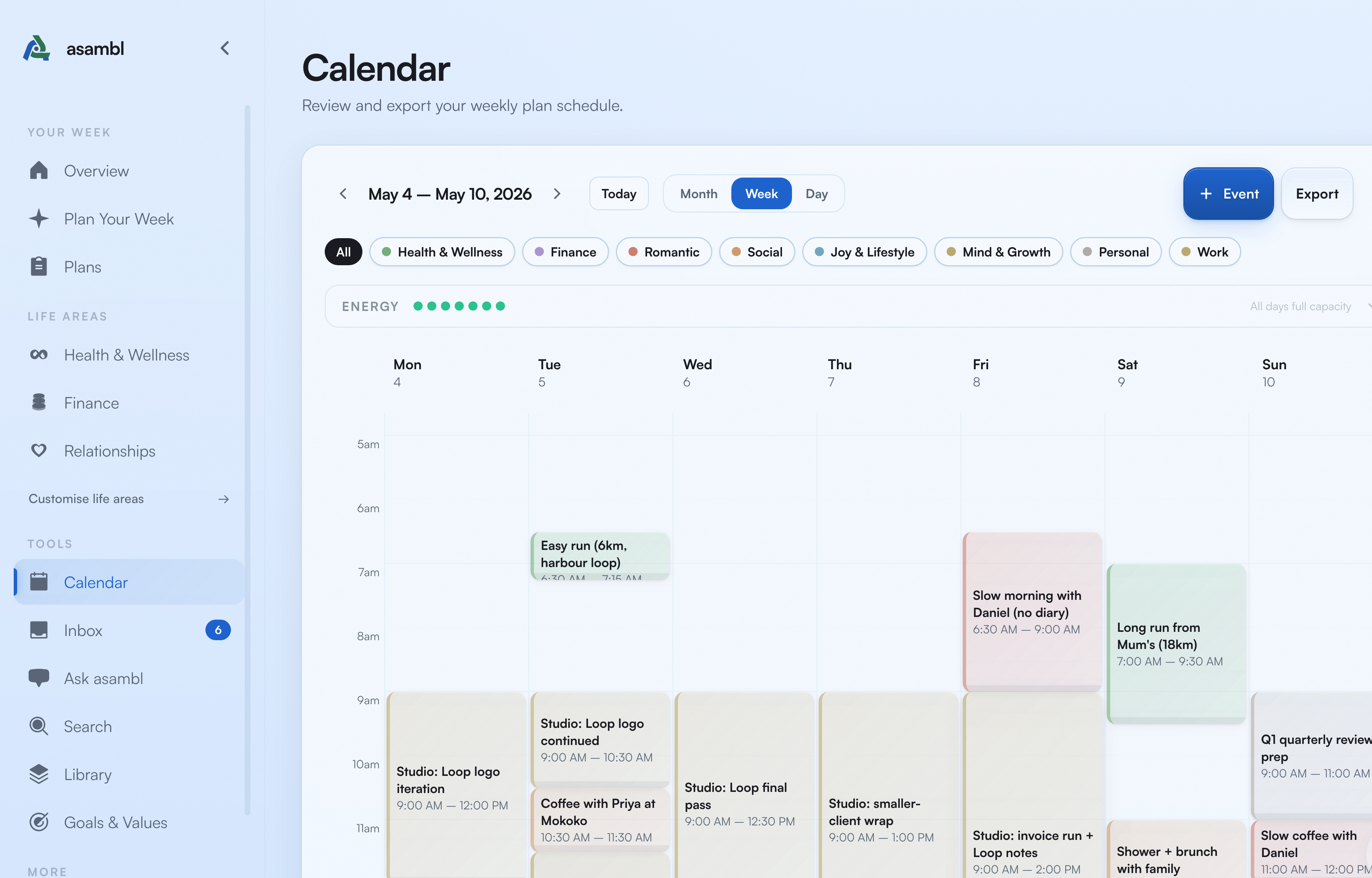 Calendar in week view with colour-coded events across different life areas
