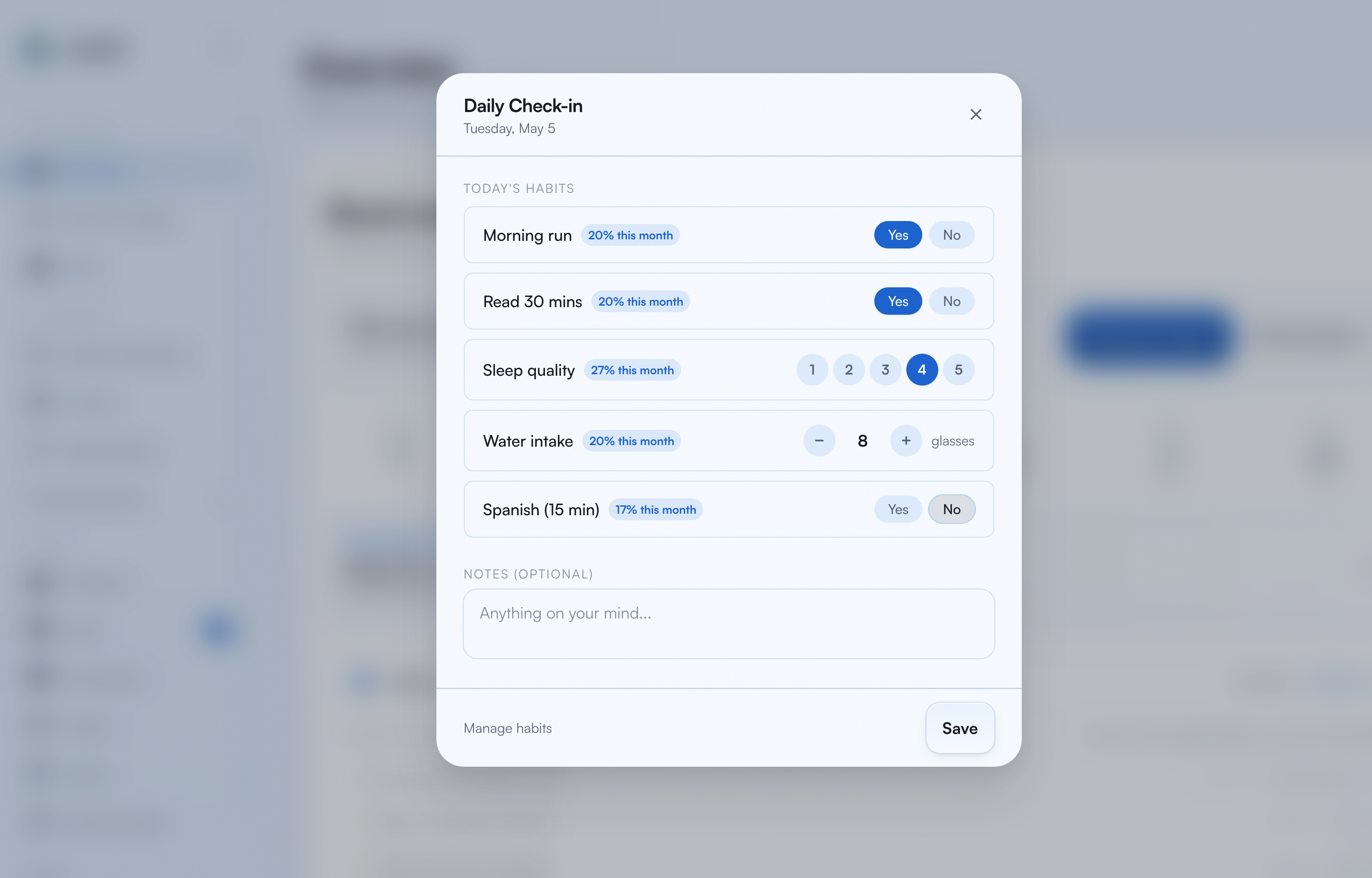 Daily check-in modal with habits, streak counters, and different input types