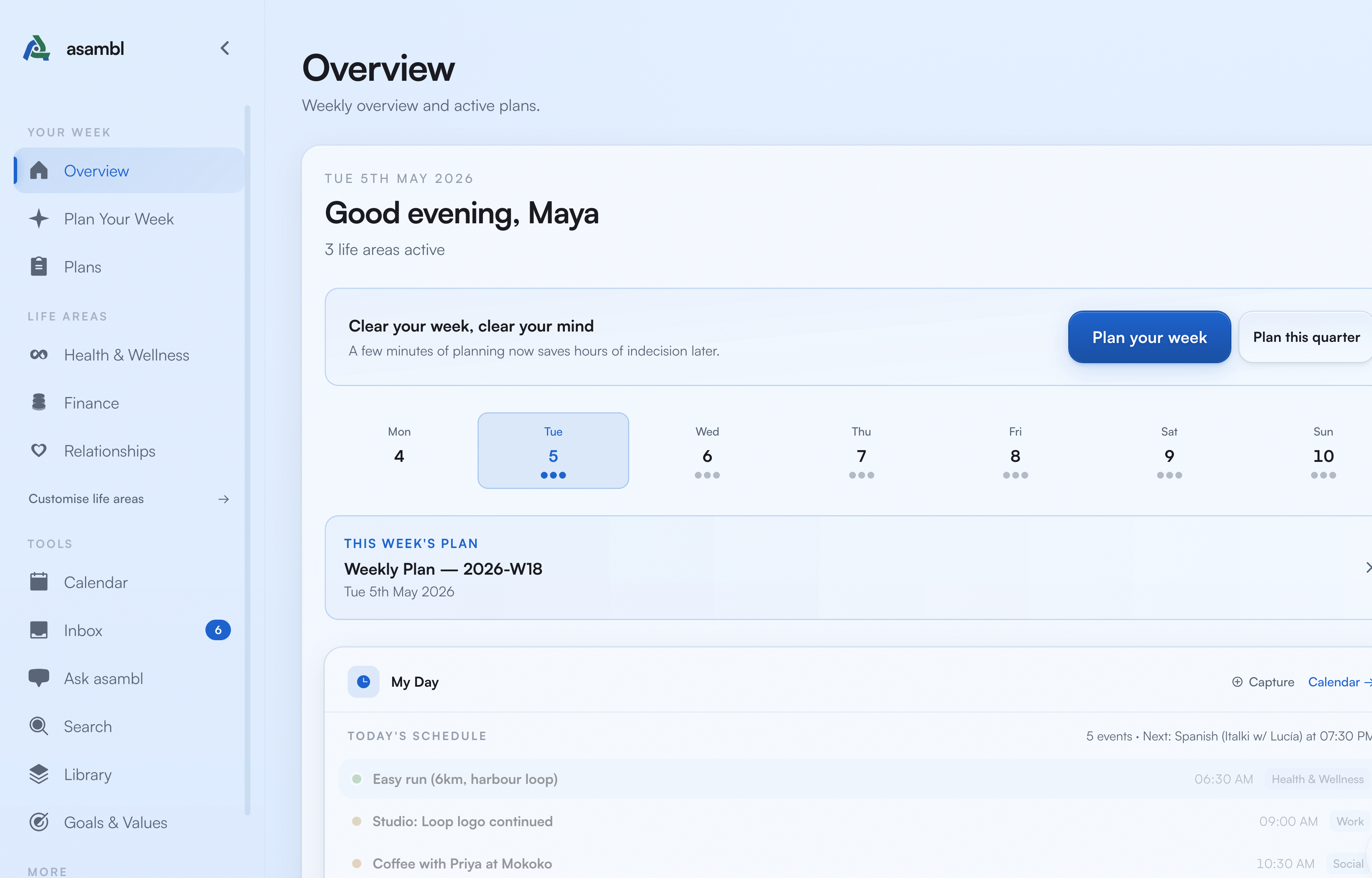 asambl dashboard showing daily habits, upcoming tasks, and life area overview