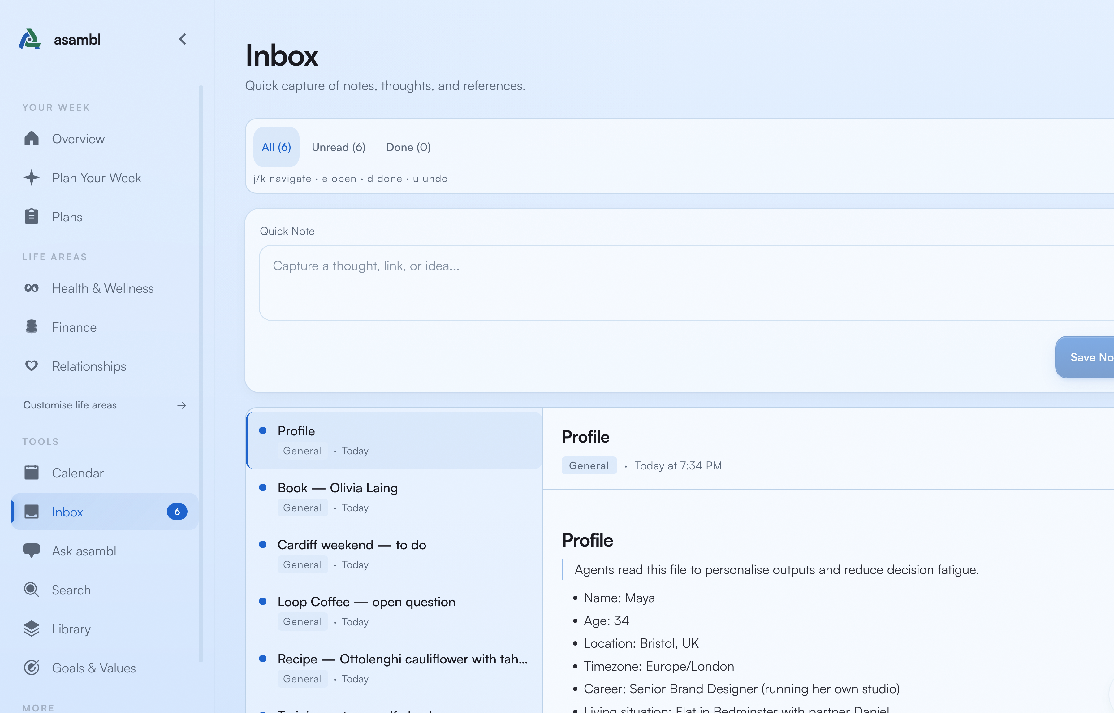Inbox showing a list of captured items with preview panel and filing options
