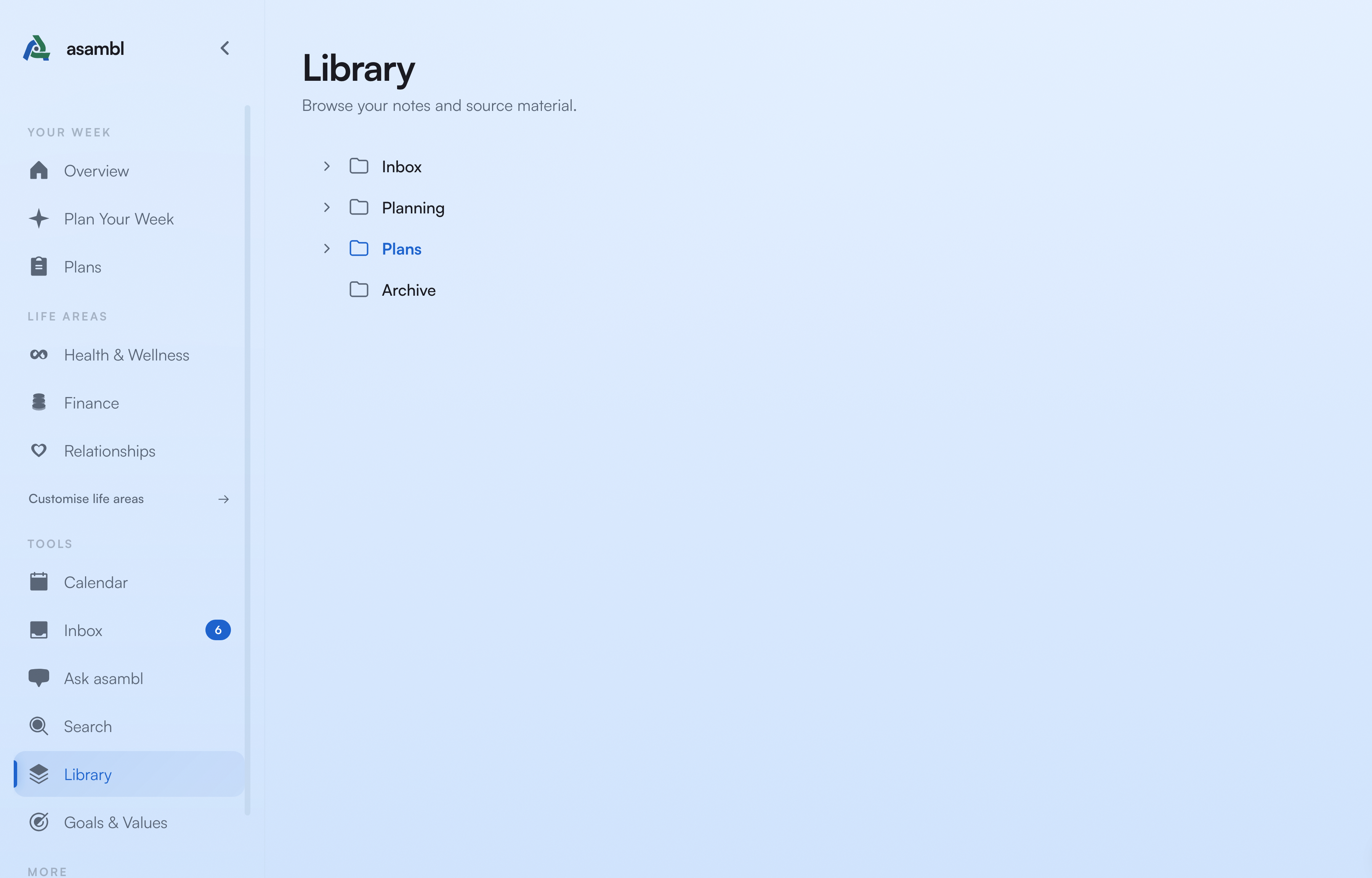 Library file browser showing folder tree and note preview