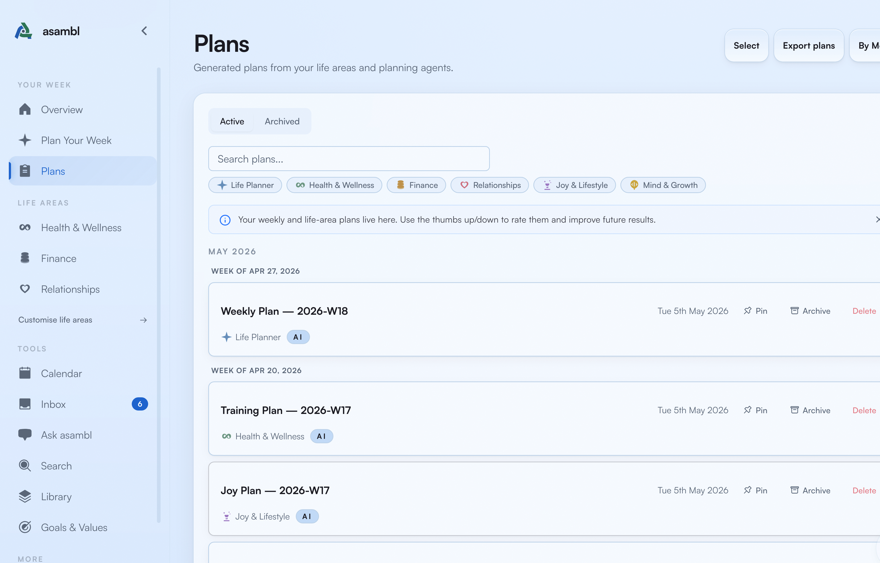 Plans list showing recent weekly and life area plans organized by date
