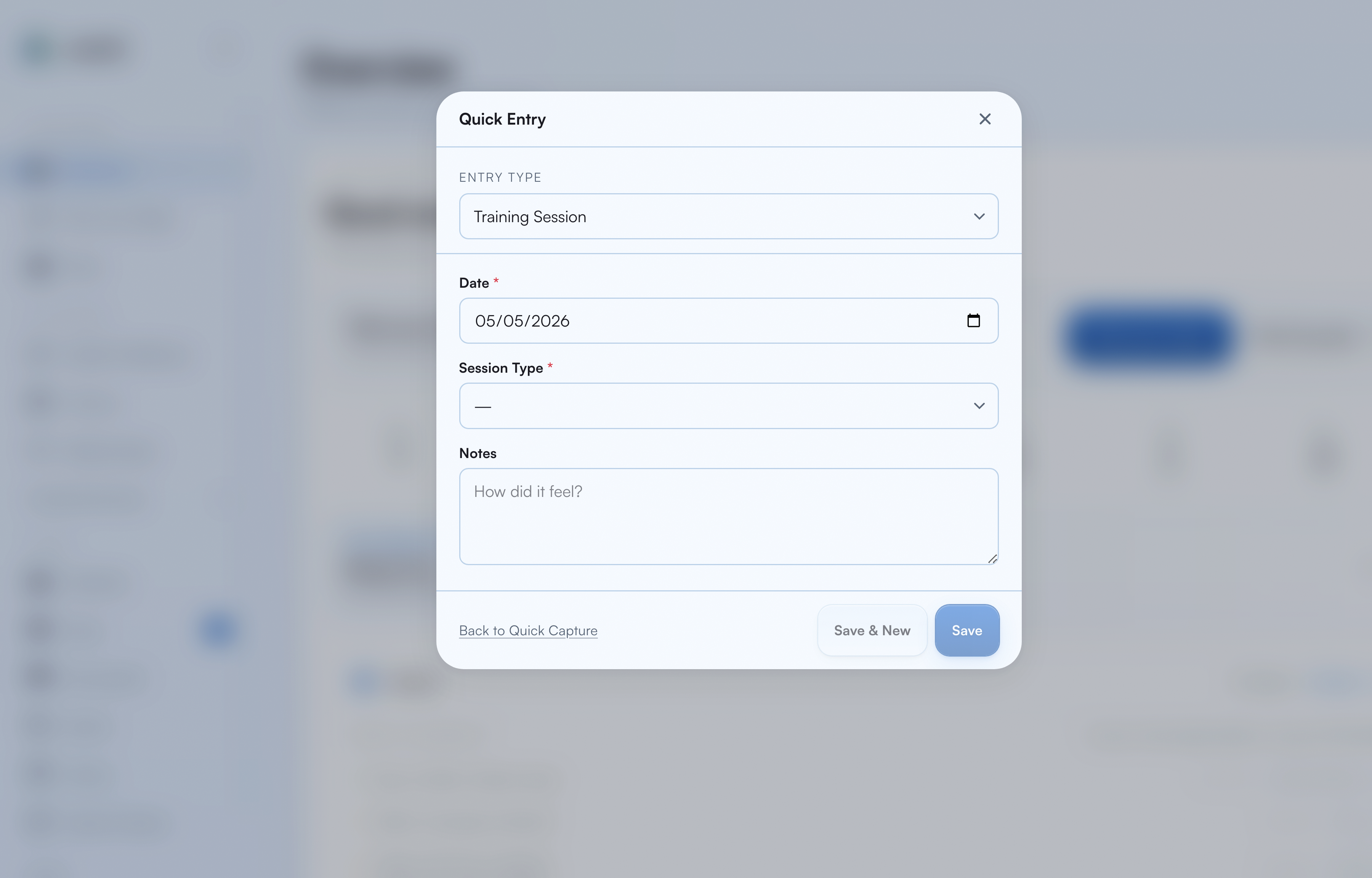 Quick Entry form showing structured fields for a workout log