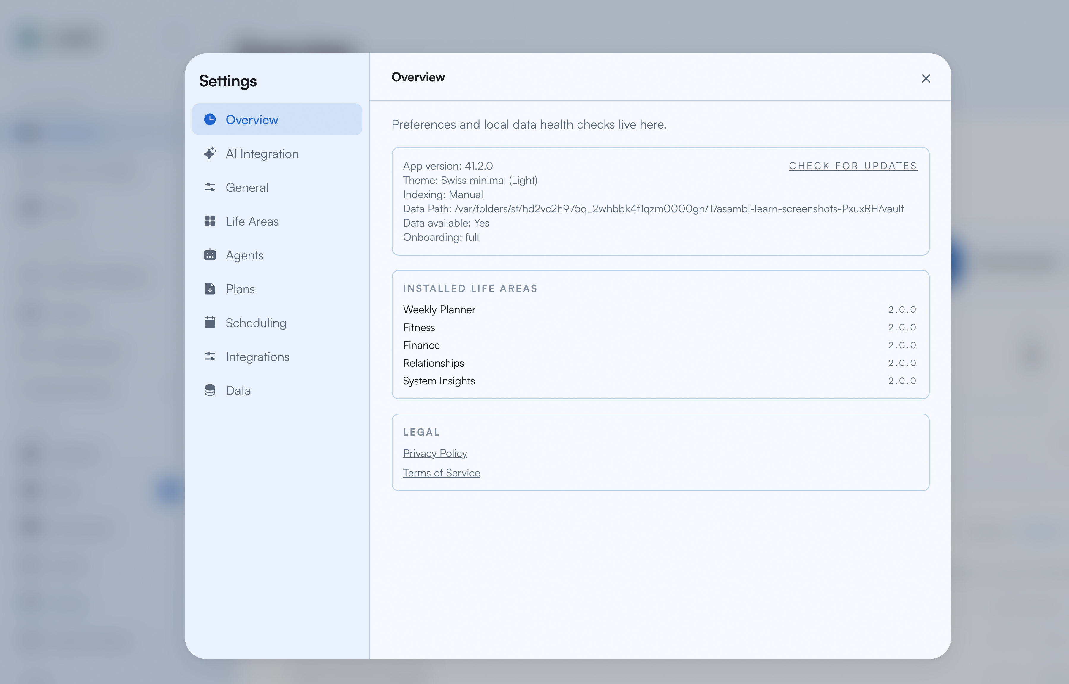 Settings screen showing AI integration, life areas, and scheduling options